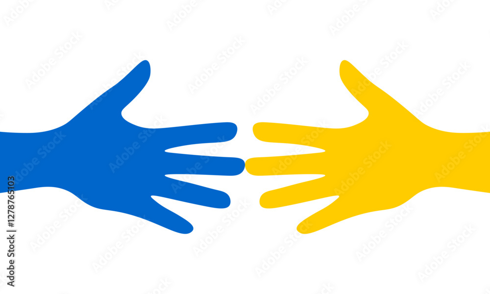 Two blue and yellow hands reaching towards each other, isolated on a transparent background. Unity, cooperation and support for Ukraine. Flat vector illustration Two blue and yellow hands reaching towards each other, isolated on a transparent background. Unity, cooperation and support for Ukraine. Flat vector illustration