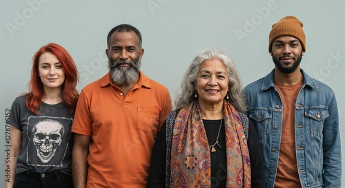Four Adults Portrait Smiling Together Shoulder-to-Shoulder Against Teal Background