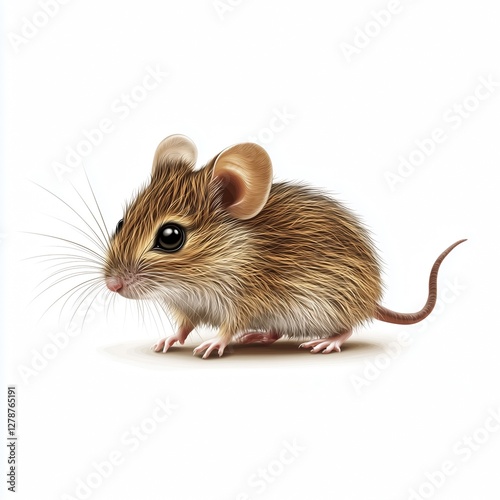 Realistic illustration of a small brown mouse in side profile with detailed fur, large eyes, delicate whiskers, and a thin tail on a clean white background