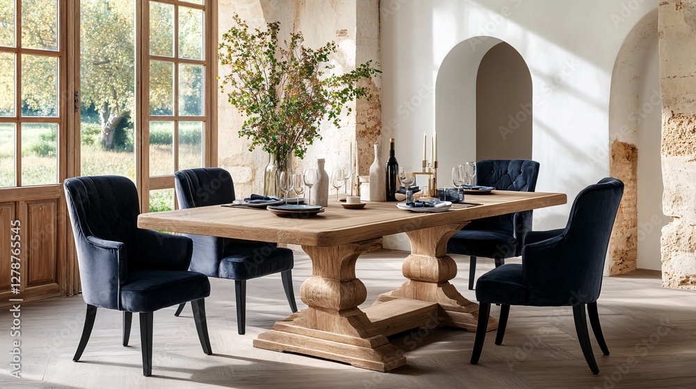 Elegant dining room with wooden table and blue chairs in bright natural light, modern interior design Elegant dining room with wooden table and blue chairs in bright natural light, modern interior design