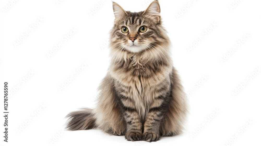 Obraz premium A beautiful long-fur grey cat sits elegantly against a white background, showcasing its fluffy coat in a studio shot.