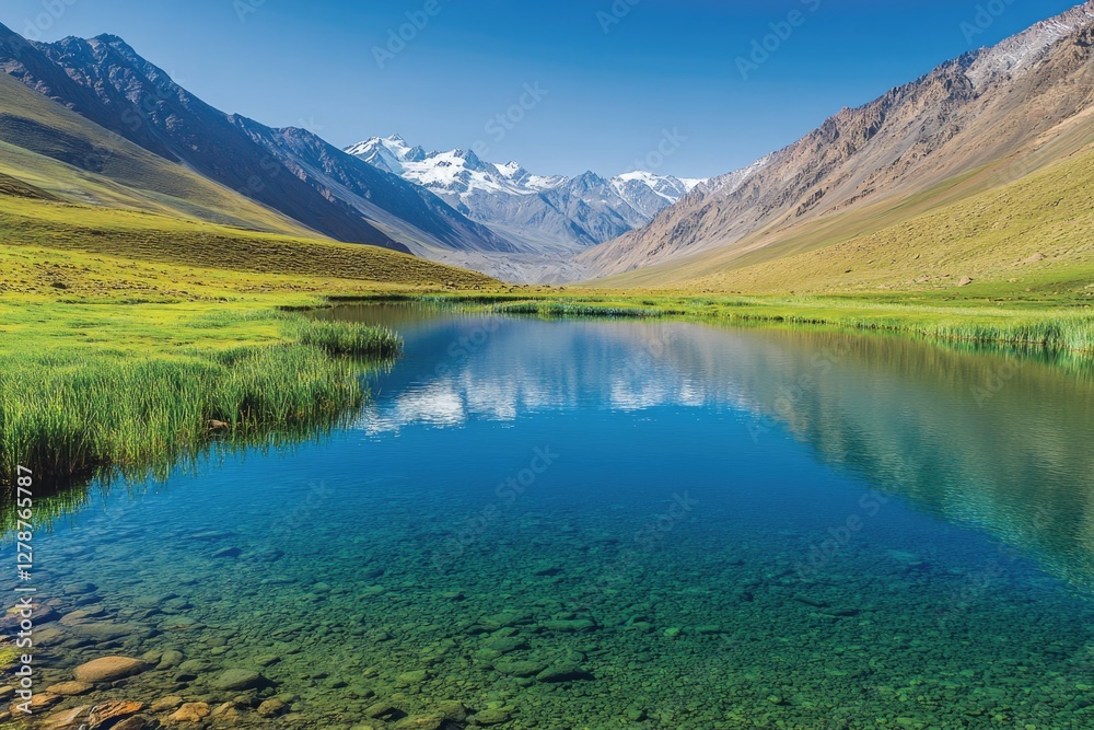 Fototapeta premium Tranquil lake reflects mountains, surrounded by lush greenery an