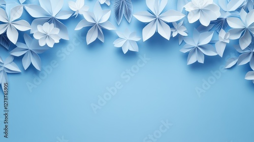 A blue background adorned with white paper-cut blooming flowers, offering an empty space for copy.