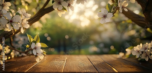 Fototapeta Naklejka Na Ścianę i Meble -  Spring blossoms on a wooden table in a garden at dawn