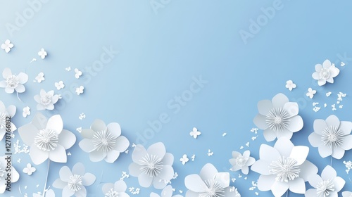 A blue background adorned with white paper-cut blooming flowers, offering an empty space for copy. photo