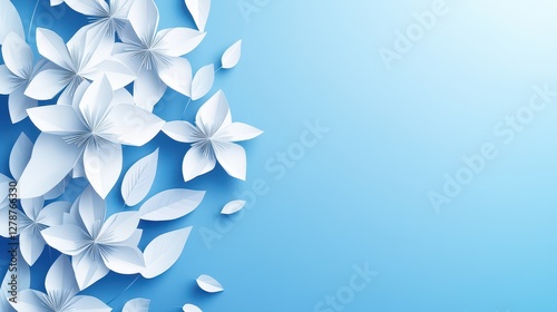 A blue background adorned with white paper-cut blooming flowers, offering an empty space for copy. photo
