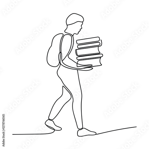 Student Carrying Heavy Books, Backpack, Education, Line Art, Single Line Drawing, Walking, Study, Kn