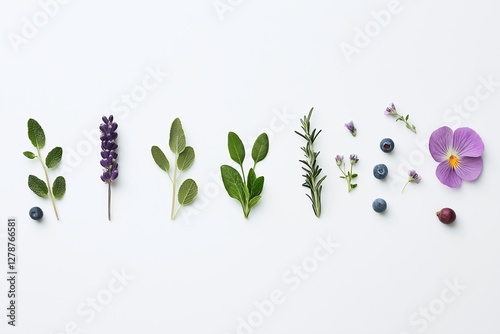 Colorful assortment of fresh herbs such as dill, thyme, and oregano for flavoring alongside vibrant fruits. Concept involves elimination diet foods for healthy eating choices photo