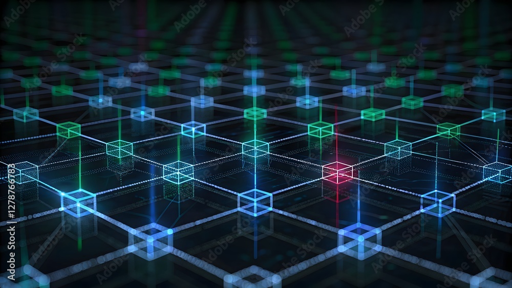 Glowing blockchain network nodes connected a di Glowing blockchain network nodes connected a di