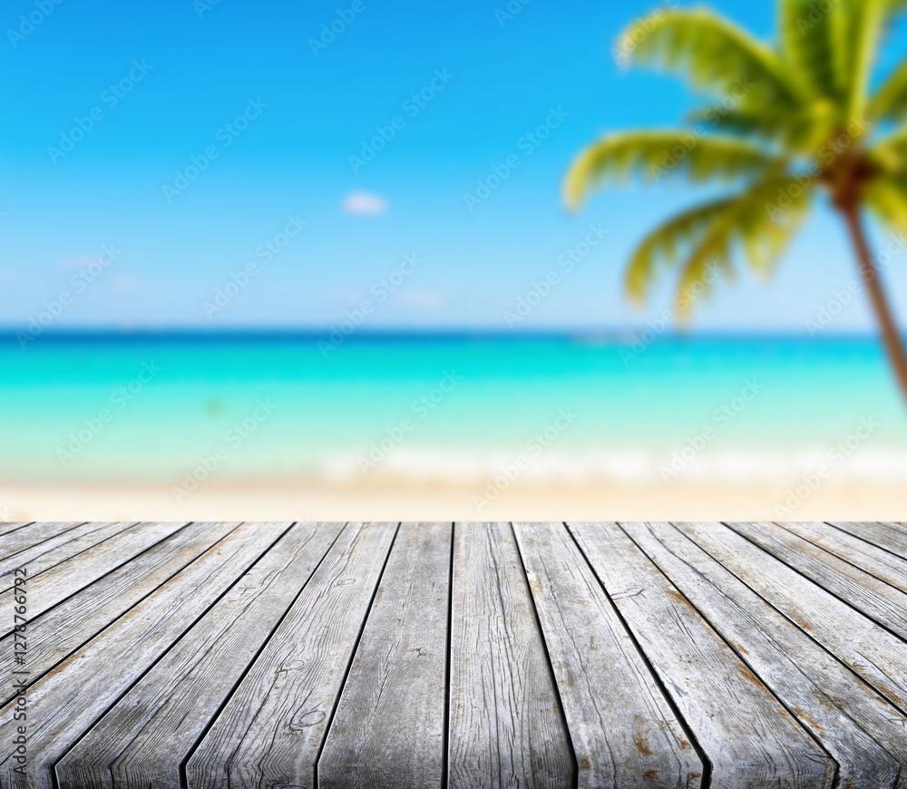Empty wooden table top with blurred beach background Empty wooden table top with blurred beach background