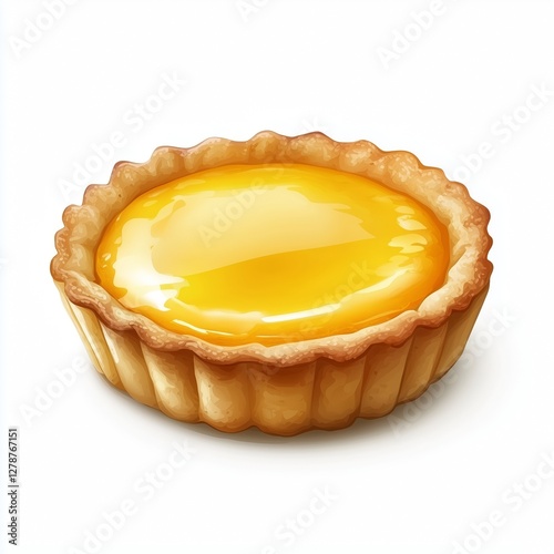Realistic illustration of a classic egg tart with a golden flaky crust, vibrant yellow custard filling, smooth caramelized texture, and gently browned edges on a clean white background