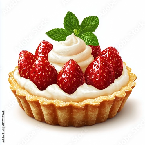 Realistic illustration of a golden-brown tart with creamy custard, topped with glossy strawberries, whipped cream, and fresh mint on a clean white background