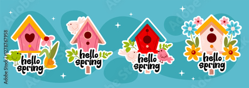 A collection of colorful birdhouse stickers with flowers and "Hello Spring" text. Perfect for seasonal decorations, scrapbooking, and greeting cards.