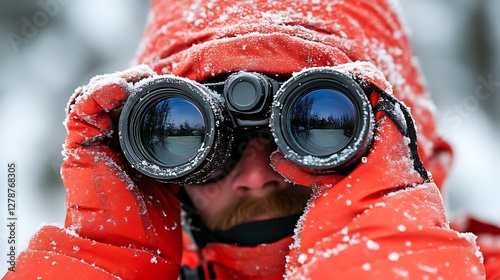 Close up view of a person using binoculars on a snowy day wearing a red coat