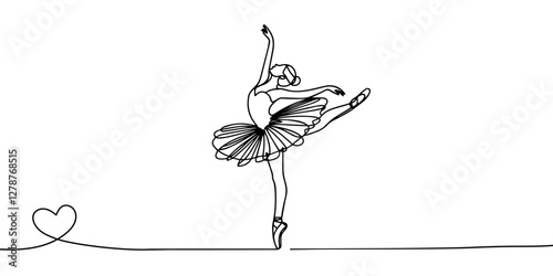 Classical female dancer in continuous line art drawing style. Girl dancing black line sketch on white background. Vector illustration