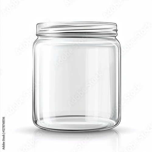 Realistic illustration of an empty transparent glass jar with a simple design, sharp details, and reflections on a clean white background