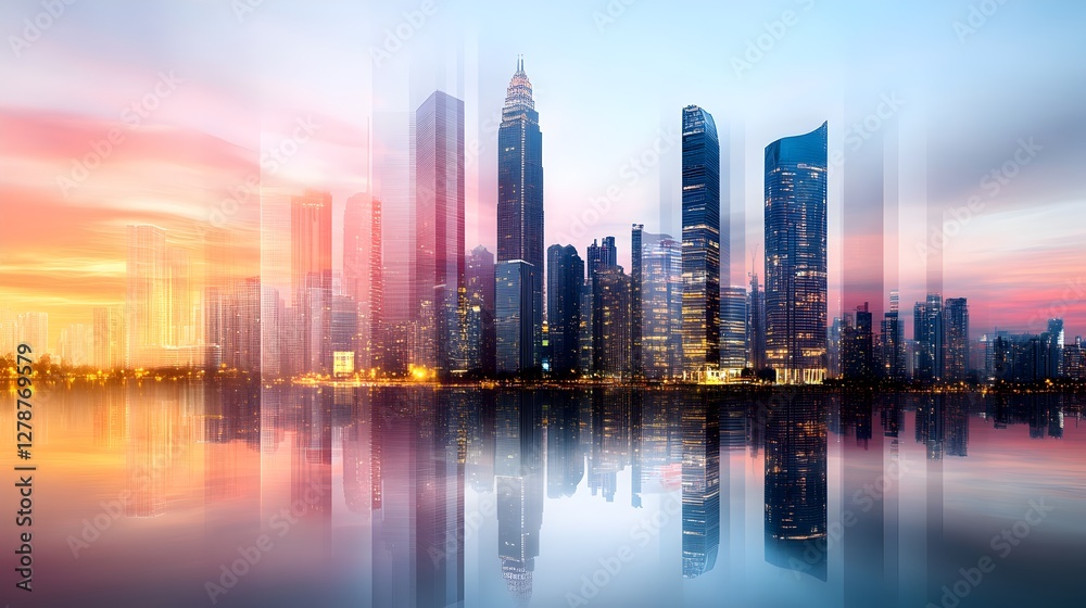 Fototapeta premium a vibrant skyline with tall buildings and a colorful sky reflecting on water. The modern architecture is set against a dynamic sky, creating a stunning visual