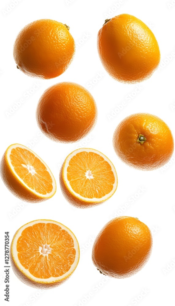 Fototapeta premium Composition of whole and halved oranges on a white background