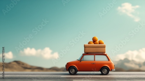 Retro Mini Car with Travel Suitcase and Oranges on the Roof, Symbolizing Personal Loans, Travel Financing, and Financial Freedom for Adventurous Journeys