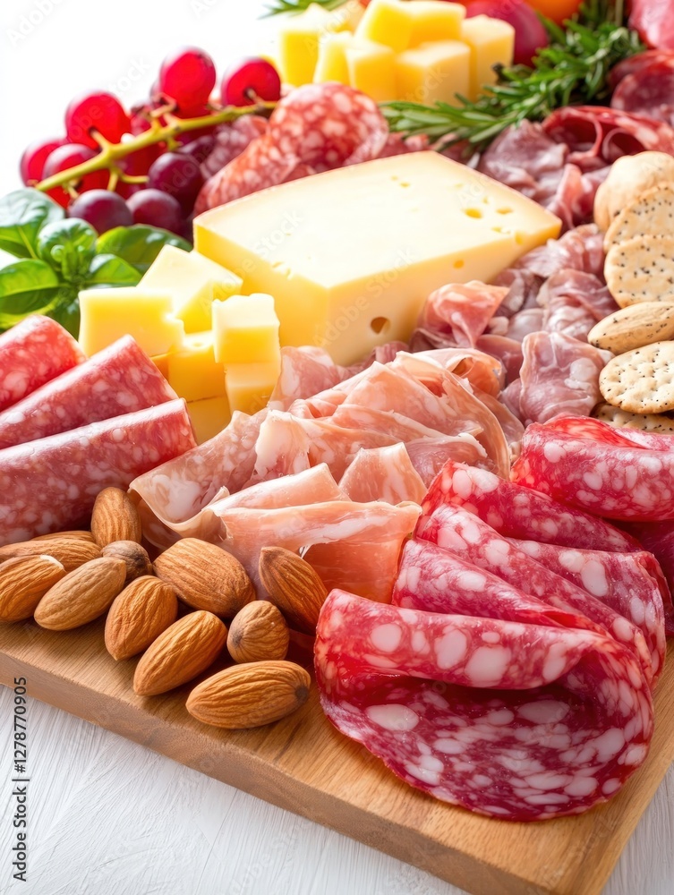 Close up view of a wooden charcuterie board overflowing with various meats, cheeses, fruits, and nuts. Slices of salami, prosciutto, and other cured meats are displayed alongside wedges of yellow Close up view of a wooden charcuterie board overflowing with various meats, cheeses, fruits, and nuts. Slices of salami, prosciutto, and other cured meats are displayed alongside wedges of yellow