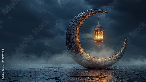 Ornate crescent moon with hanging lantern.  HD 8K wallpaper Photographic Image