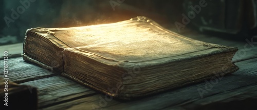 A faded, mysterious book closes with a golden glow, shedding light on tales forgotten and memories etched in time. photo