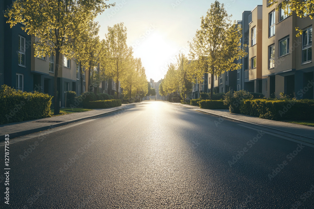 A tranquil urban scene featuring a smooth asphalt road flanked by contemporary high-rise apartments and evenly spaced trees, illuminated by golden sunlight under a clear blue sky A tranquil urban scene featuring a smooth asphalt road flanked by contemporary high-rise apartments and evenly spaced trees, illuminated by golden sunlight under a clear blue sky
