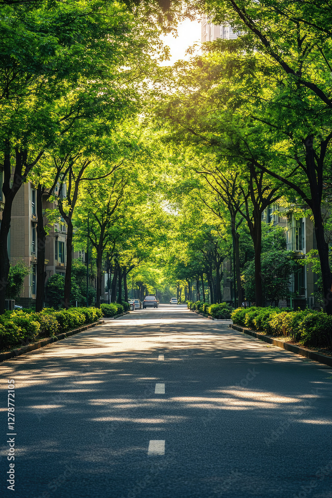 A wide asphalt road stretching between modern apartment buildings, lined with lush green trees on both sides, bathed in bright sunlight on a warm summer day A wide asphalt road stretching between modern apartment buildings, lined with lush green trees on both sides, bathed in bright sunlight on a warm summer day