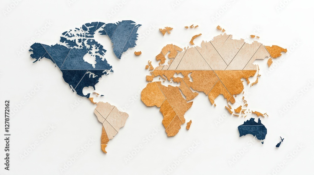 Obraz premium Artistic World Map Made of Geometric Shapes in Blue and Tan for Creative Design Projects