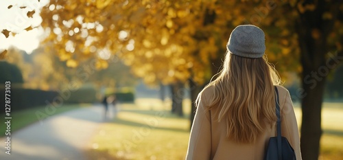 Woman walking autumn park photo