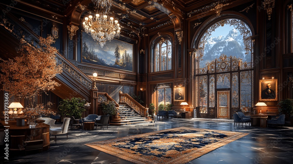 Fototapeta premium Grand opulent living room with elegant decor, dramatic staircase, and mountain view through large windows