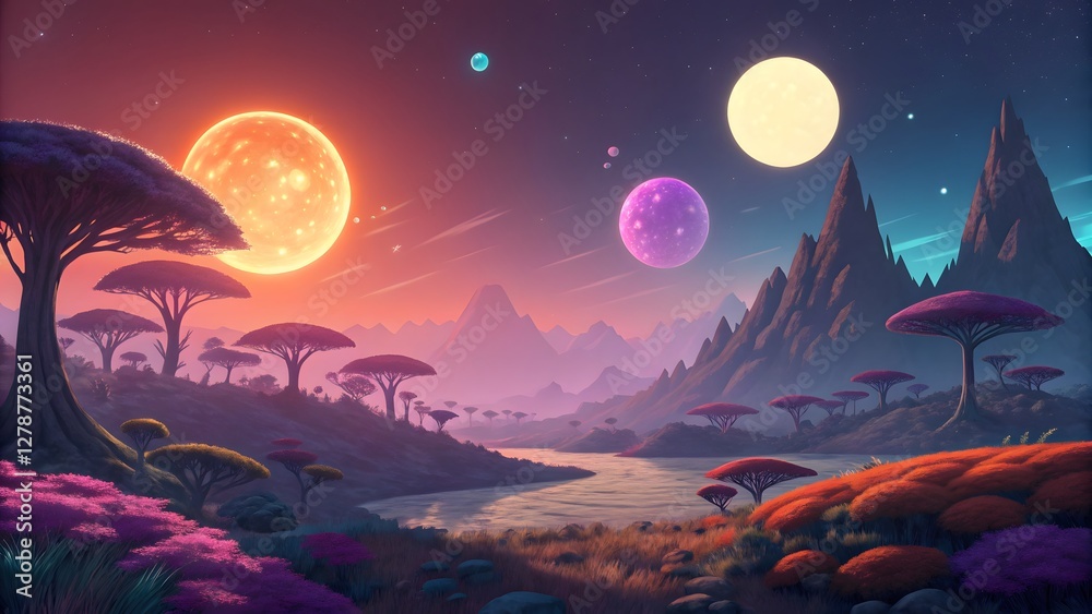 Fototapeta premium Alien planet landscape with two suns vibrant colo
