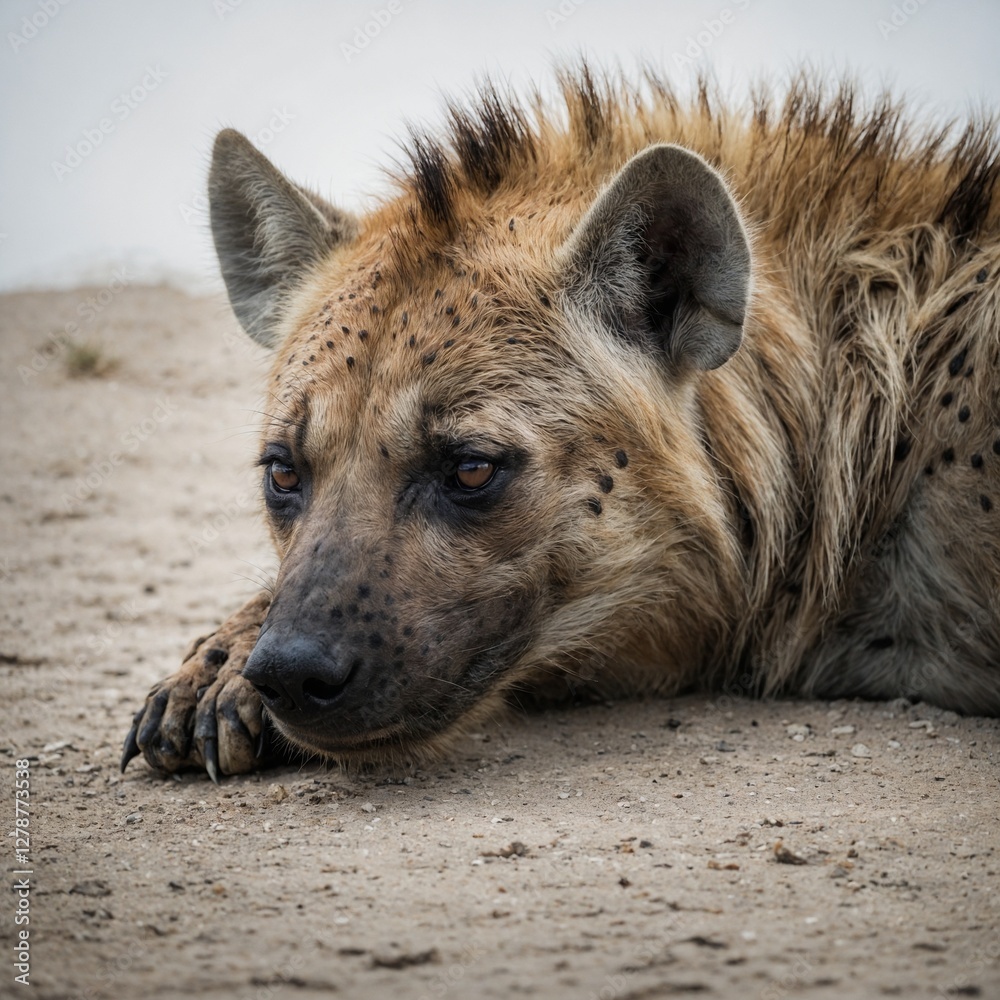 A hyena resting with its head on its paws, appearing calm against a white backdrop.