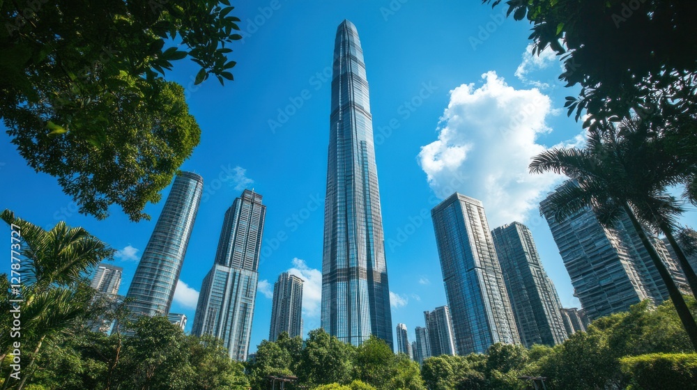 Low-angle view of skyscrapers amidst lush green trees against a vibrant blue sky. Low-angle view of skyscrapers amidst lush green trees against a vibrant blue sky.