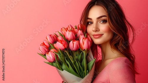 woman with tulips bouquet on studio background