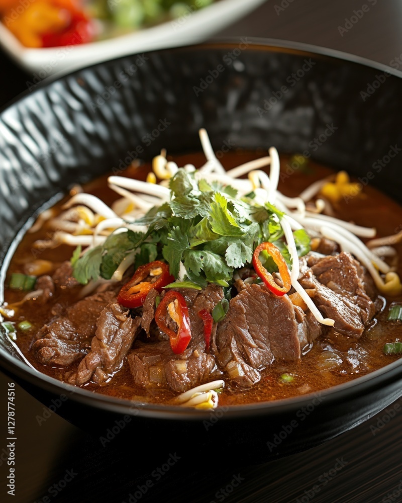 Close up view of a bowl of beef noodle soup. Dark brown broth with tender beef pieces and bean sprouts. Fresh cilantro and red chili peppers are sprinkled on top. The bowl is black and has a textured Close up view of a bowl of beef noodle soup. Dark brown broth with tender beef pieces and bean sprouts. Fresh cilantro and red chili peppers are sprinkled on top. The bowl is black and has a textured