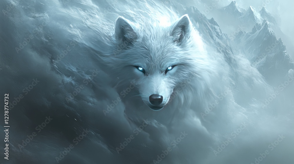 Obraz premium Majestic White Wolf in Snowy Mountains Fantasy Art