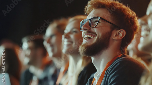 Group of people having fun together attending a conference or a show, laughing and enjoying the performance
