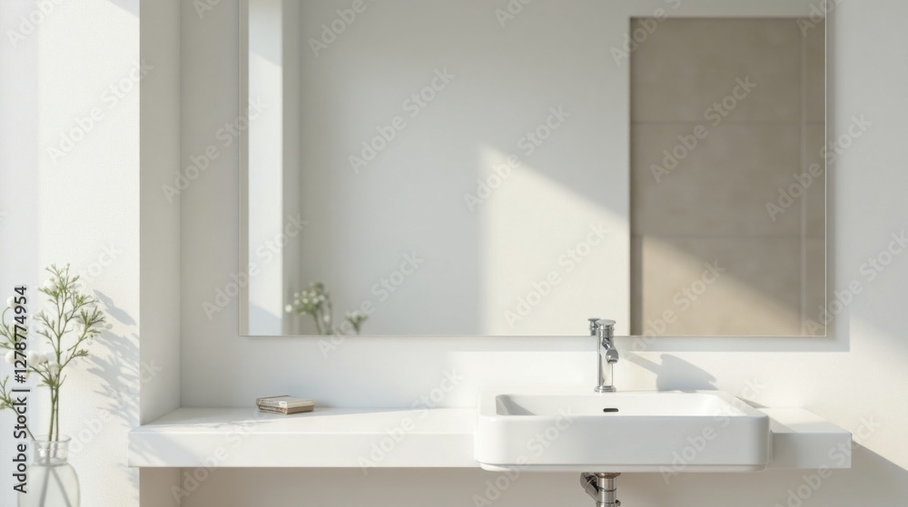 Modern minimalist bathroom sink design with sleek fixtures and natural light illuminating a serene atmosphere Modern minimalist bathroom sink design with sleek fixtures and natural light illuminating a serene atmosphere