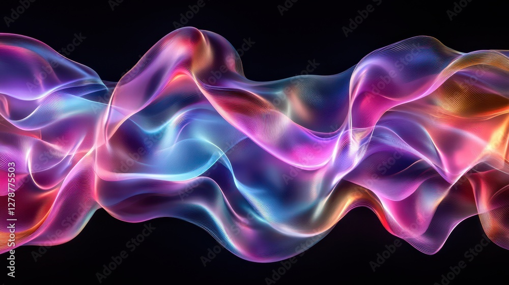 A mesmerizing 3D render of an abstract, wavy iridescent shape set against a black background. A mesmerizing 3D render of an abstract, wavy iridescent shape set against a black background.