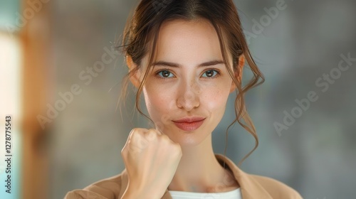 Confident Young Woman with Fist Pose photo