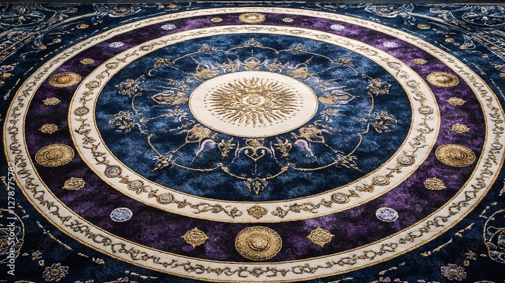 Fototapeta premium Luxurious Mandala Carpet Deep Blue Purple Background, Ideal for Mystical Blogs, Websites, and Decorative Designs