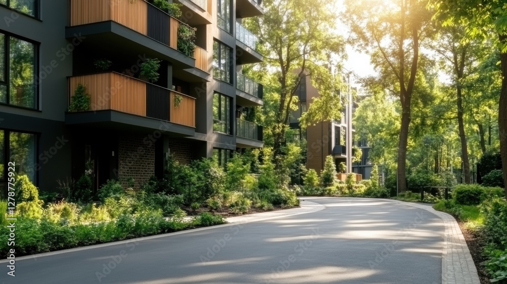 Wide asphalt road runs between modern apartment buildings. Green trees line both sides of road creating tranquil urban landscape. Bright sunlight illuminates scene creating warm summer day Wide asphalt road runs between modern apartment buildings. Green trees line both sides of road creating tranquil urban landscape. Bright sunlight illuminates scene creating warm summer day