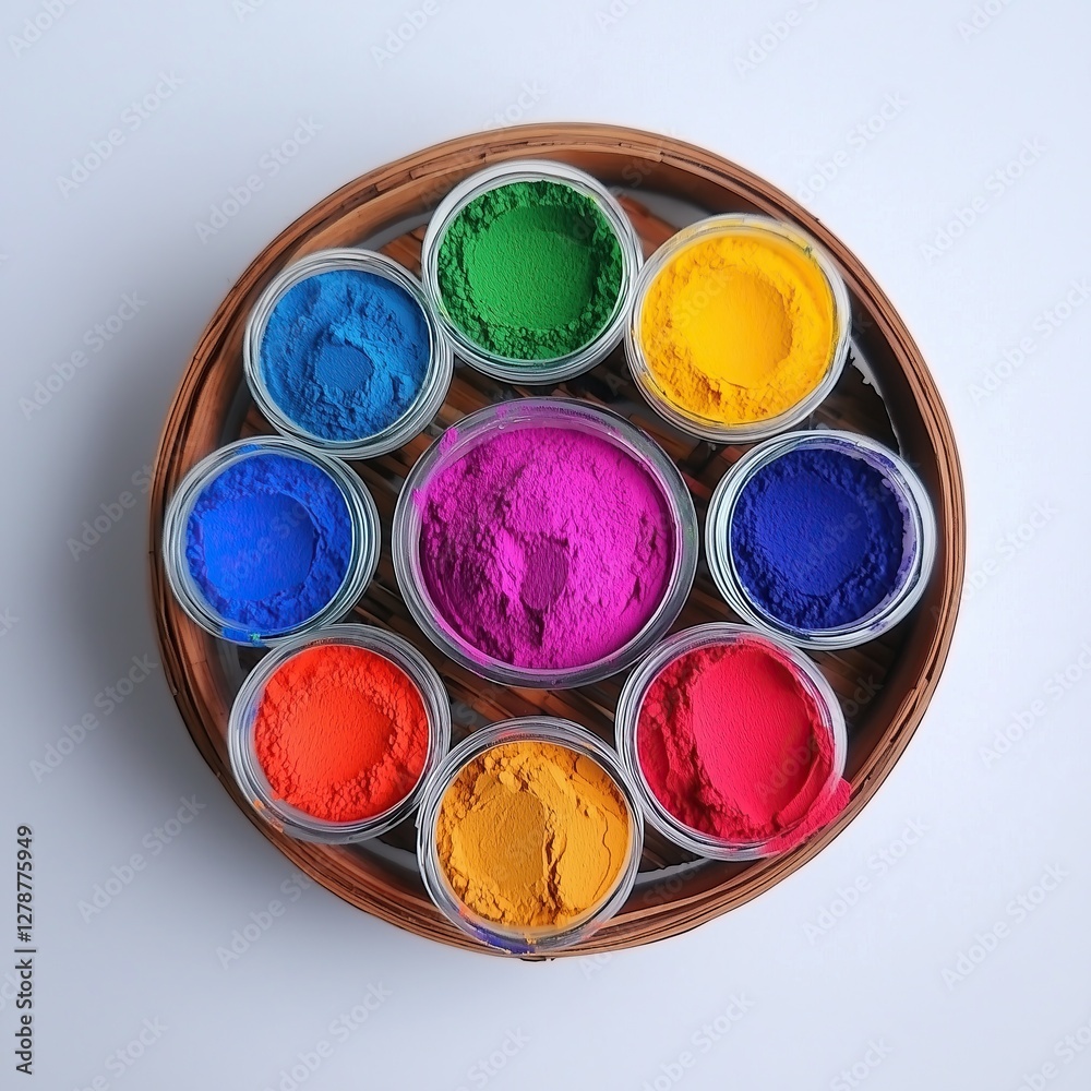 Vibrant powders displayed in containers colorful and artistic arrangement on woven surface