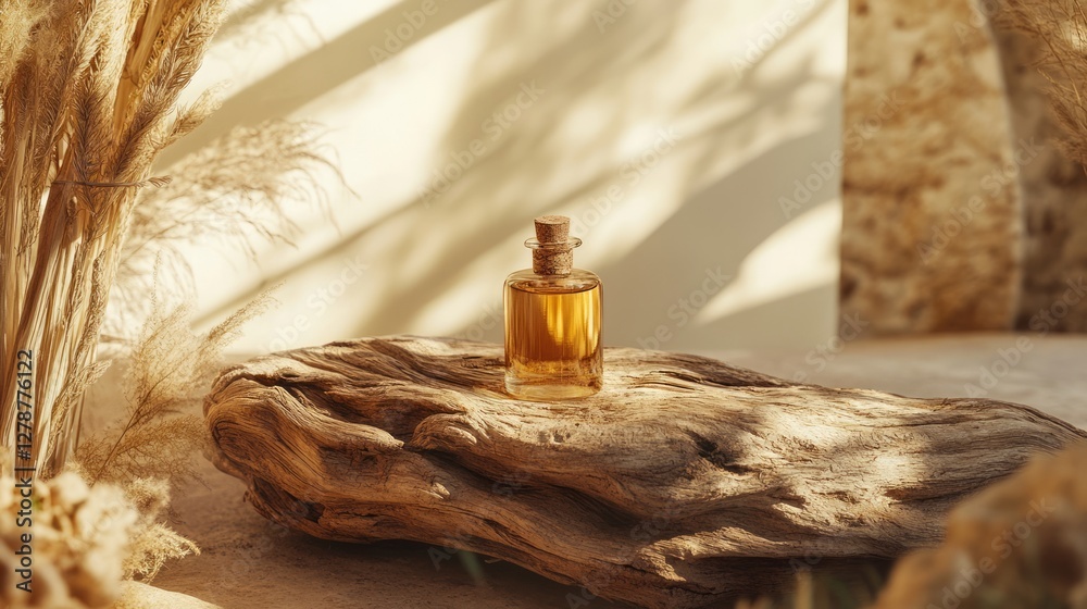 Fototapeta premium podium natural plant cosmetic mockup wellness products display. Amber Essential Oil Bottle on Driftwood, Desert Setting.