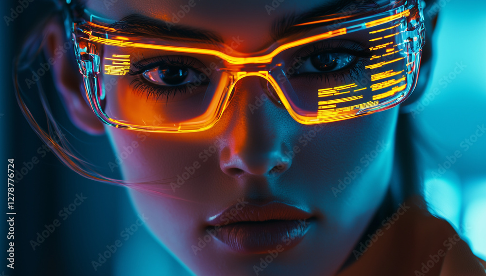 Futuristic Woman with Neon Reflections and Digital Data Flowing in Office Environment Futuristic Woman with Neon Reflections and Digital Data Flowing in Office Environment