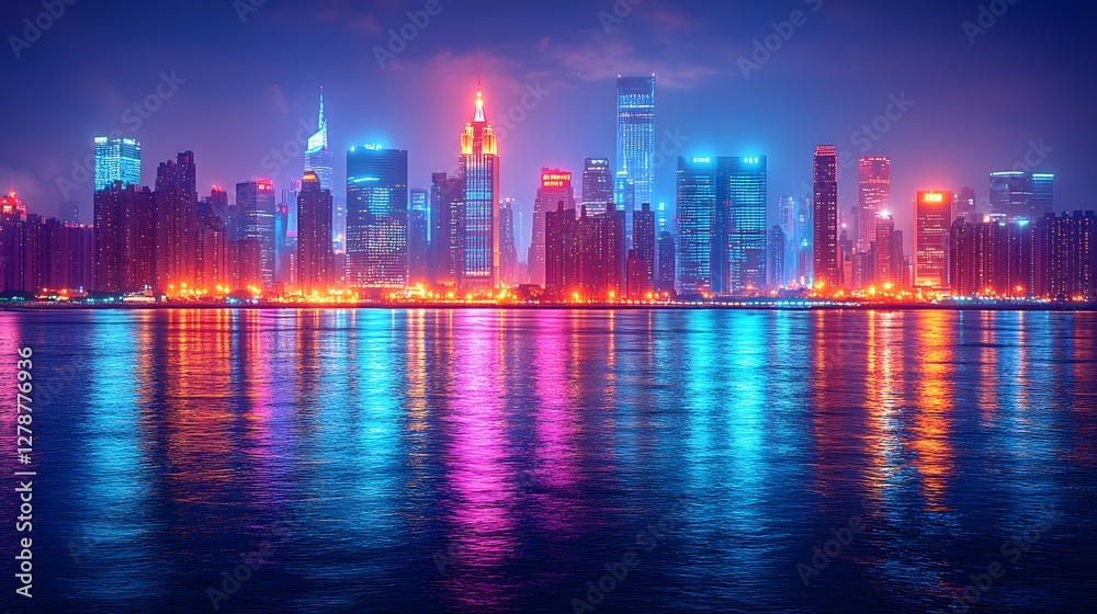 Fototapeta premium Futuristische Skyline mit Neonlichtern und Reflexionen auf dem Wasser bei Nacht 