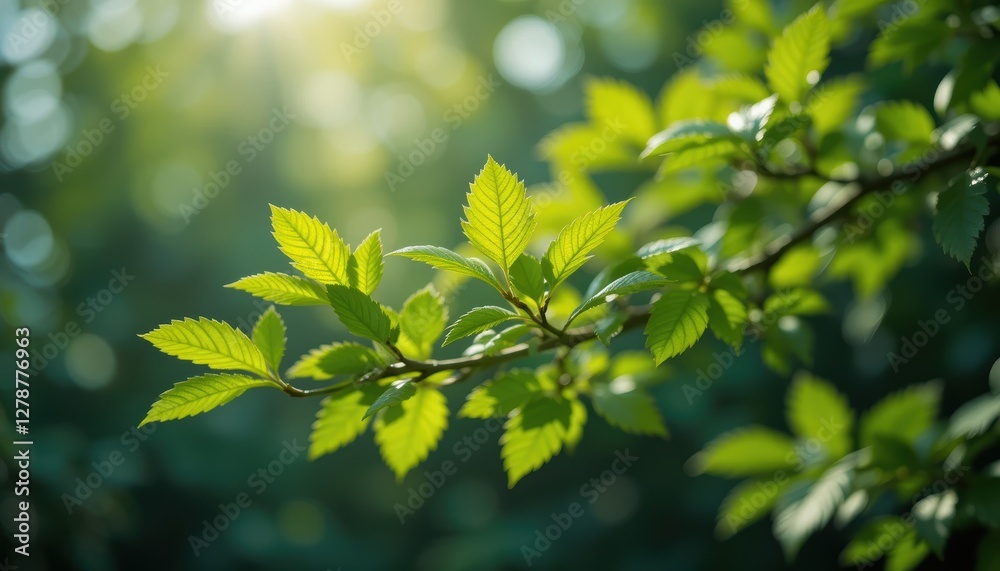 Bright Green Leaves on Branch in Sunlight with Soft Background Creating a Natural and Serene Atmosphere Bright Green Leaves on Branch in Sunlight with Soft Background Creating a Natural and Serene Atmosphere