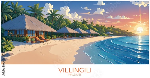 Villingili Maldives Travel Poster Flat Illustration Print Decor Gift Canvas Wall Art photo