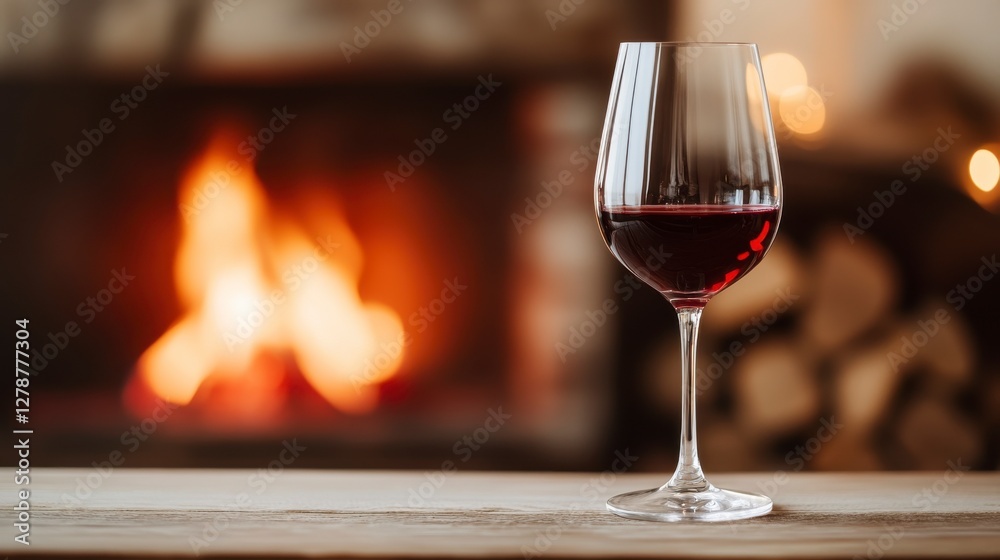 Cozy Winter Wine Scene with Glass Next to a Warm Fireplace Cozy Winter Wine Scene with Glass Next to a Warm Fireplace
